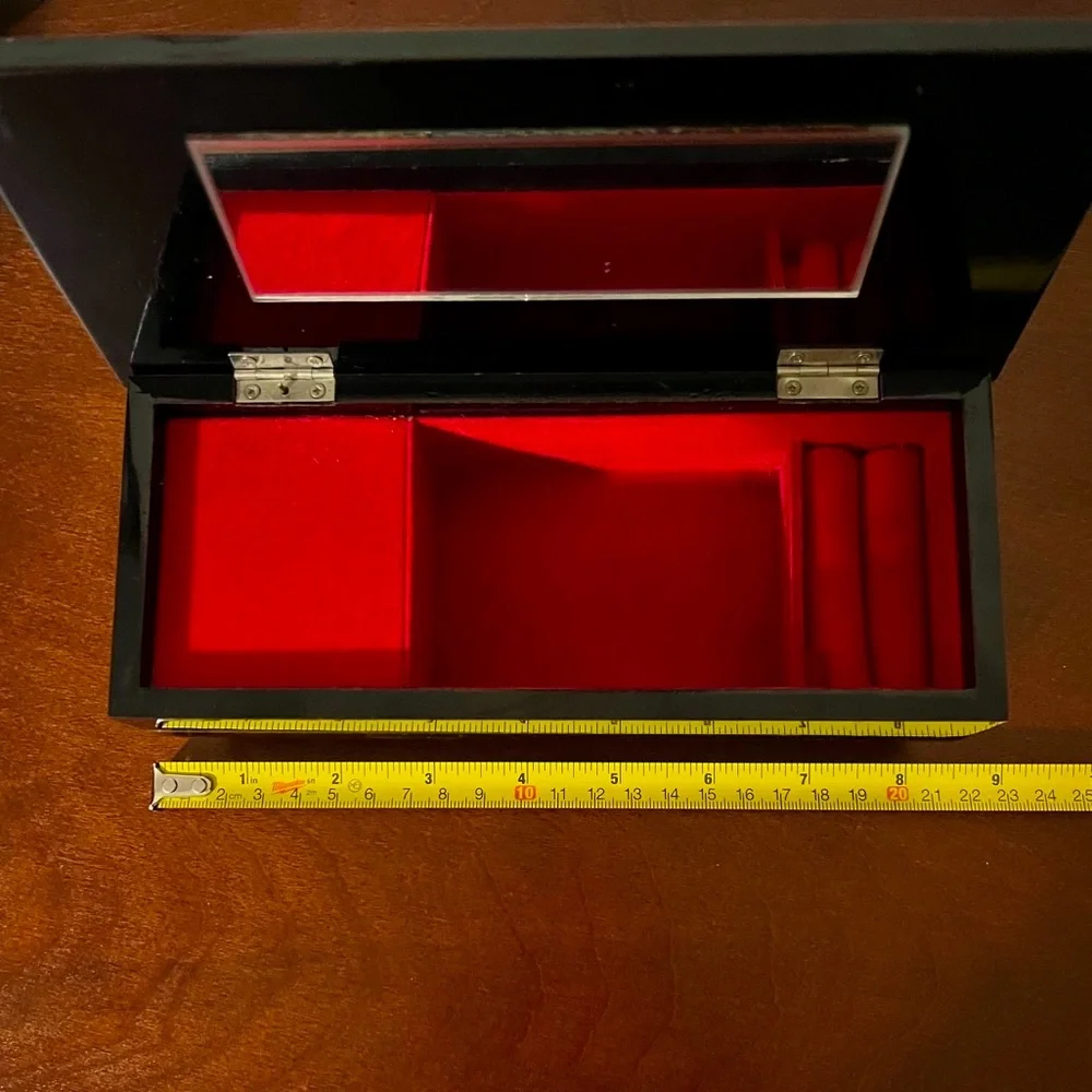 Japanese Vintage Fuji Black Lacquer Music Jewelry Box with Mirror inside.